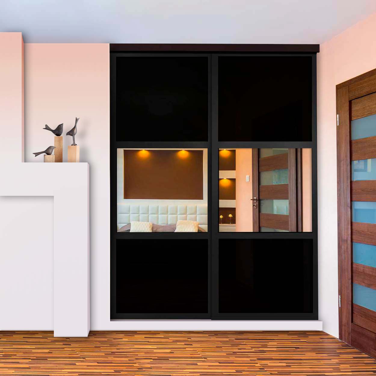 Puerta De Closet Con 2 Paneles - Vidrio Pintado Negro Y Espejo BMSC-2137